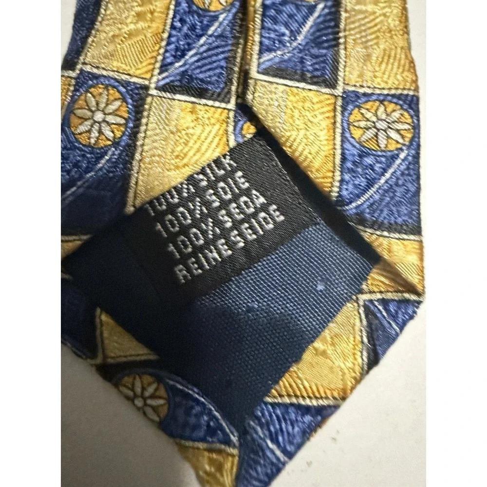 Citta Alta Mens Silk Necktie Gold Navy Blue Geometric Floral Medallion Check Tie
